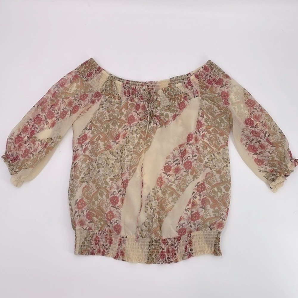 UEC Guess by Marciano tan floral off the shoulder peasant blouse size small
